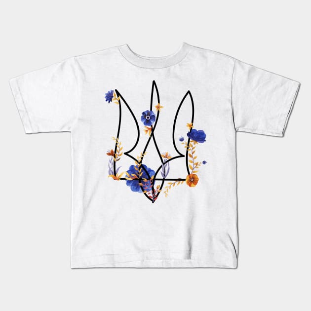 Ukrainian trident with watercolor flowers Kids T-Shirt by Olga Berlet